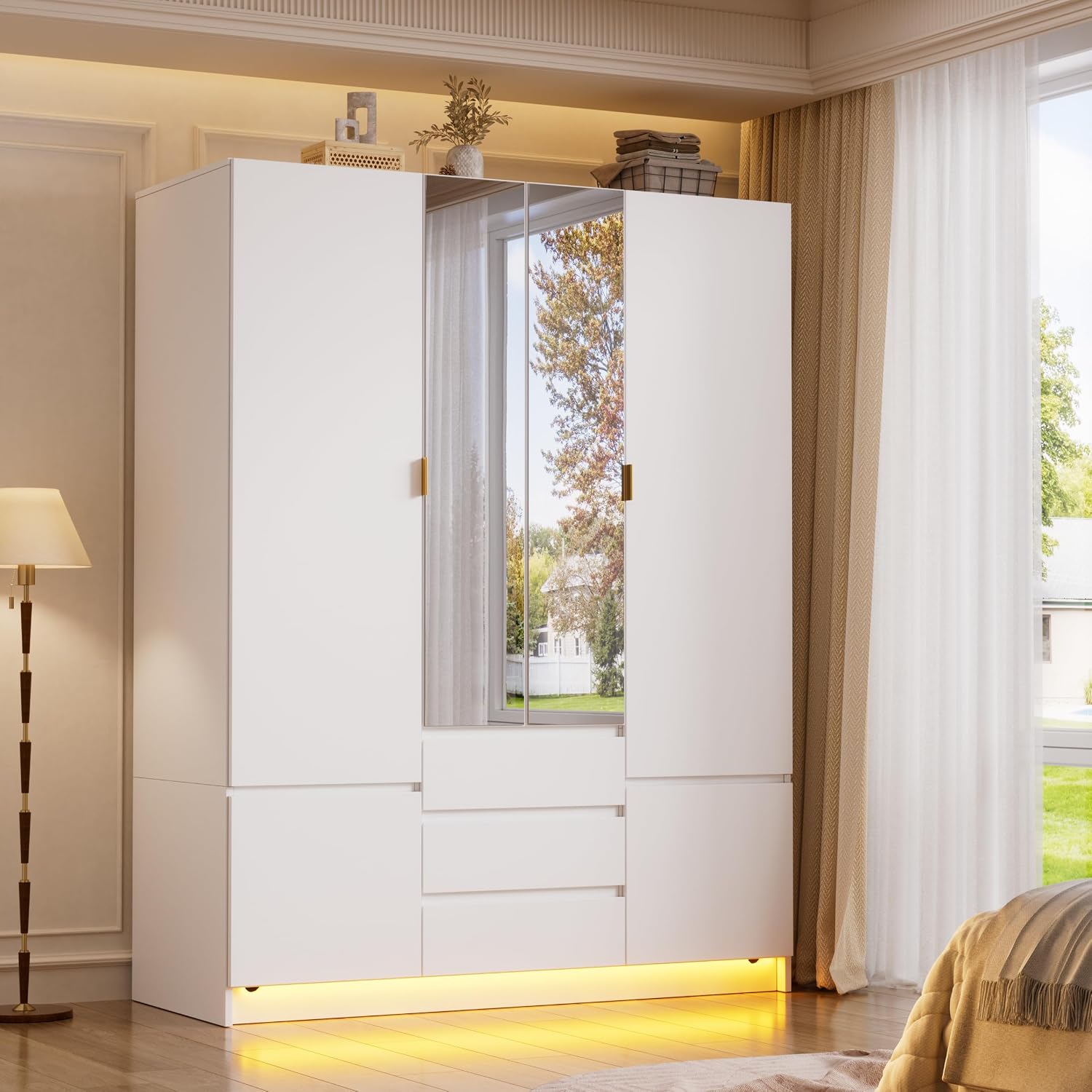 LED Mirrored Large‑Capacity Bedroom Wardrobe Armoire