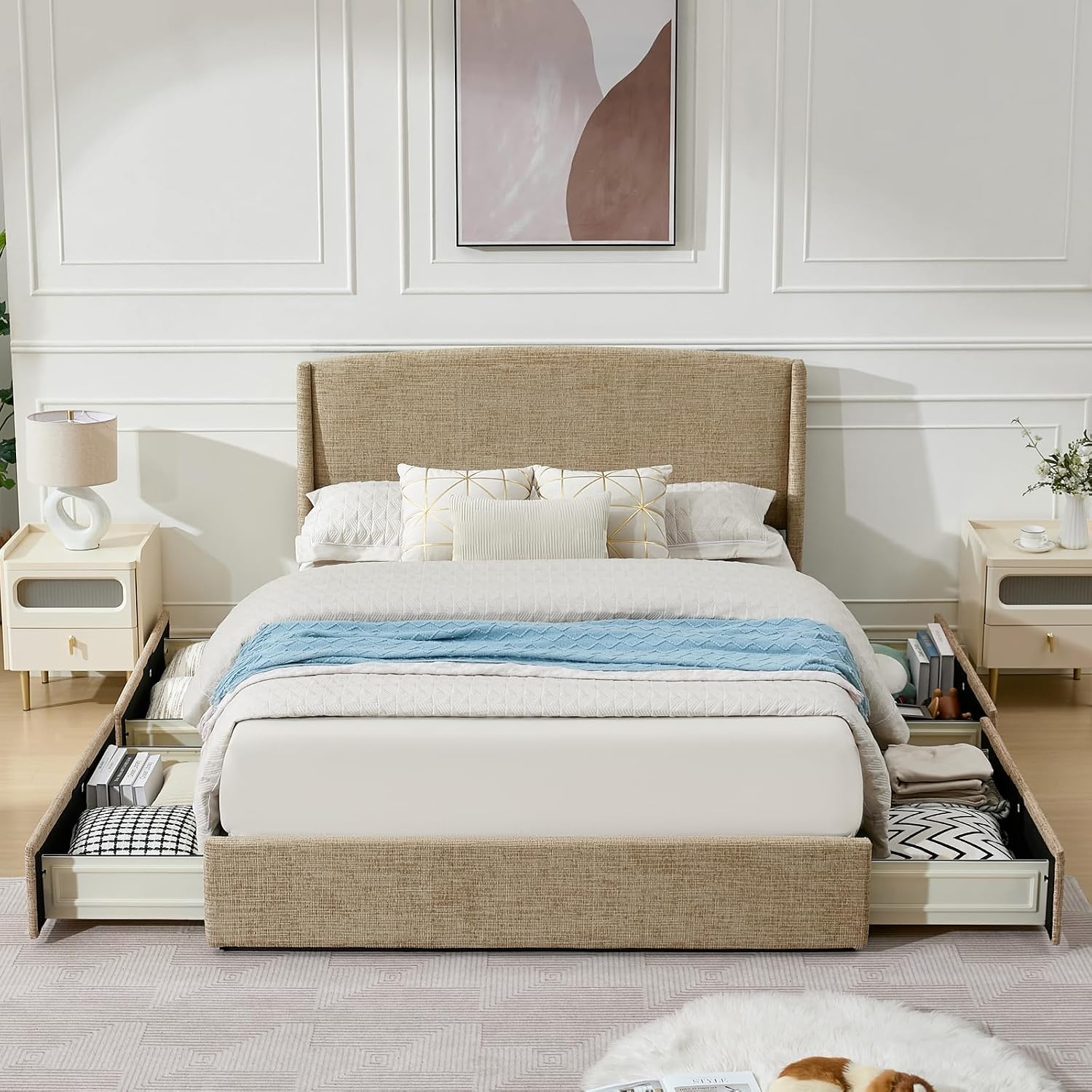 Wingback Drawer‑Storage Queen Bed Frame