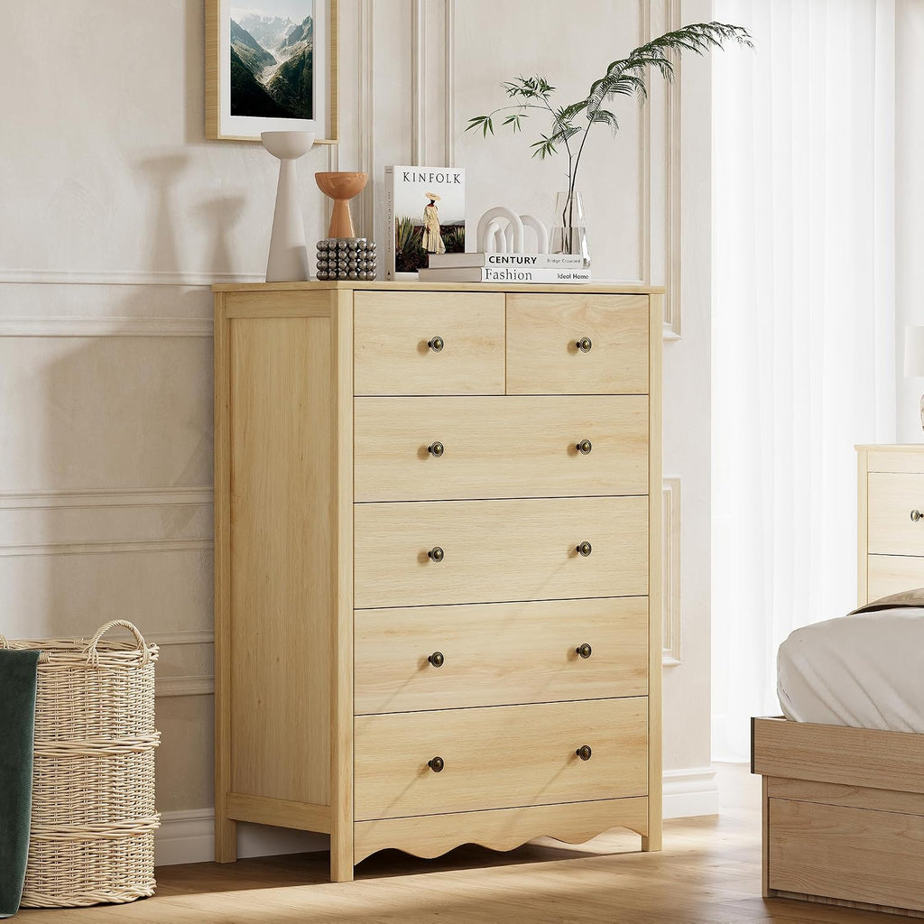 Tall 6‑Drawer Natural Bedroom Dresser Cabinet