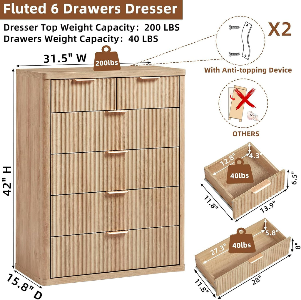 Fluted 6‑Drawer Farmhouse Bedroom Dresser