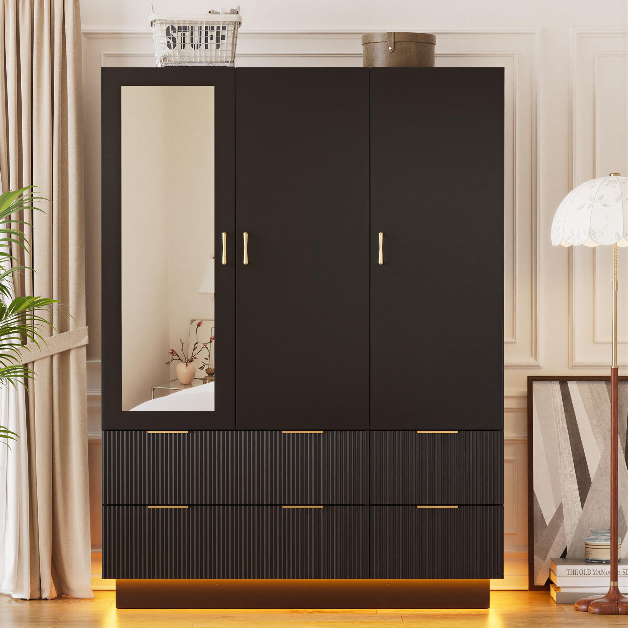 LED Mirrored 3‑Door Bedroom Wardrobe Armoire