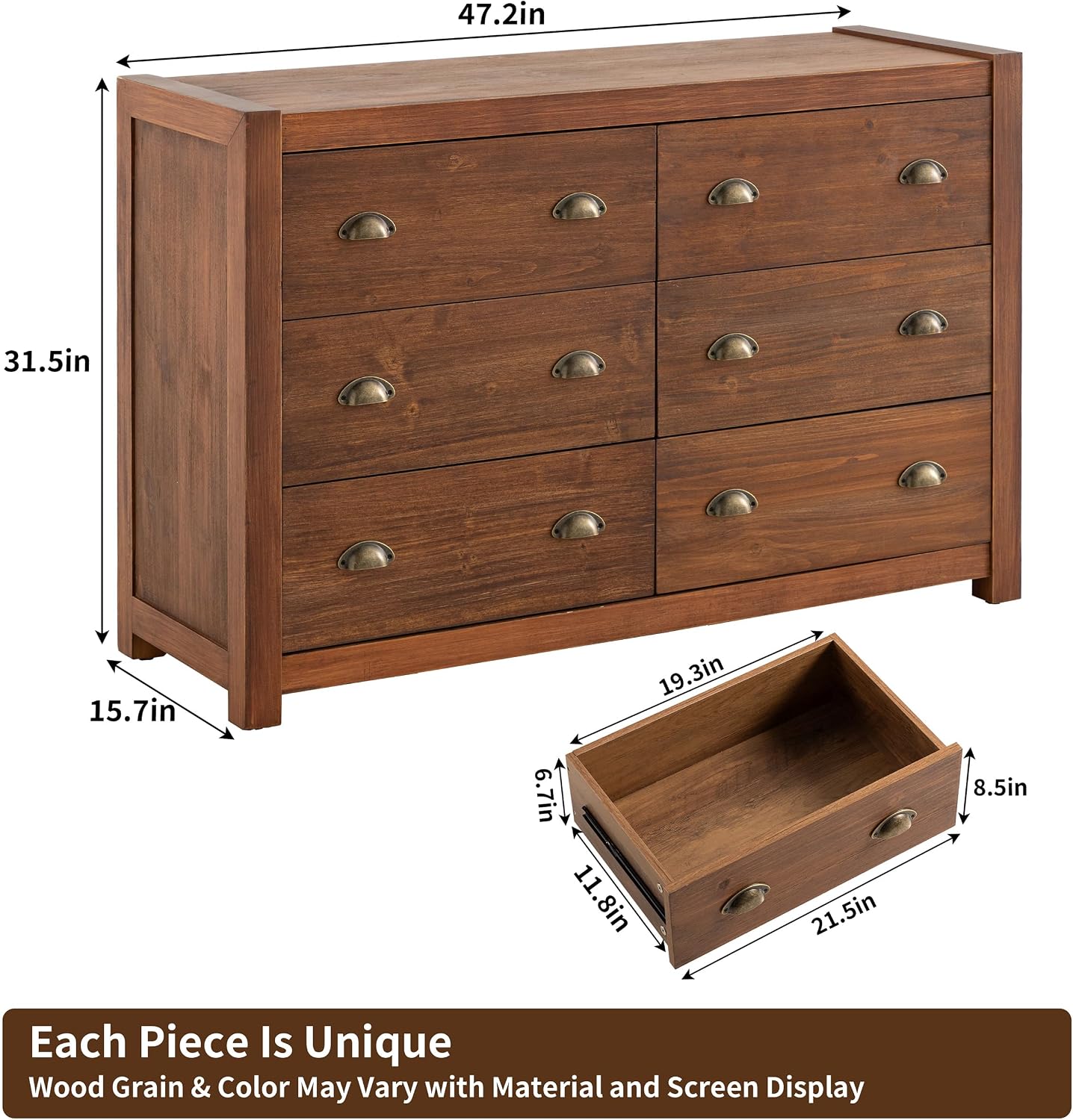 Vintage 6‑Drawer Wood Bedroom Dresser Cabinet