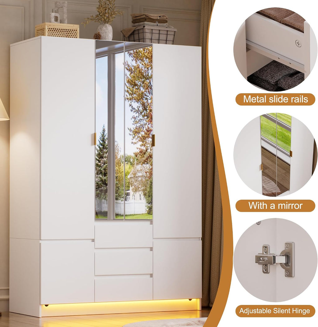 LED Mirrored Large‑Capacity Bedroom Wardrobe Armoire