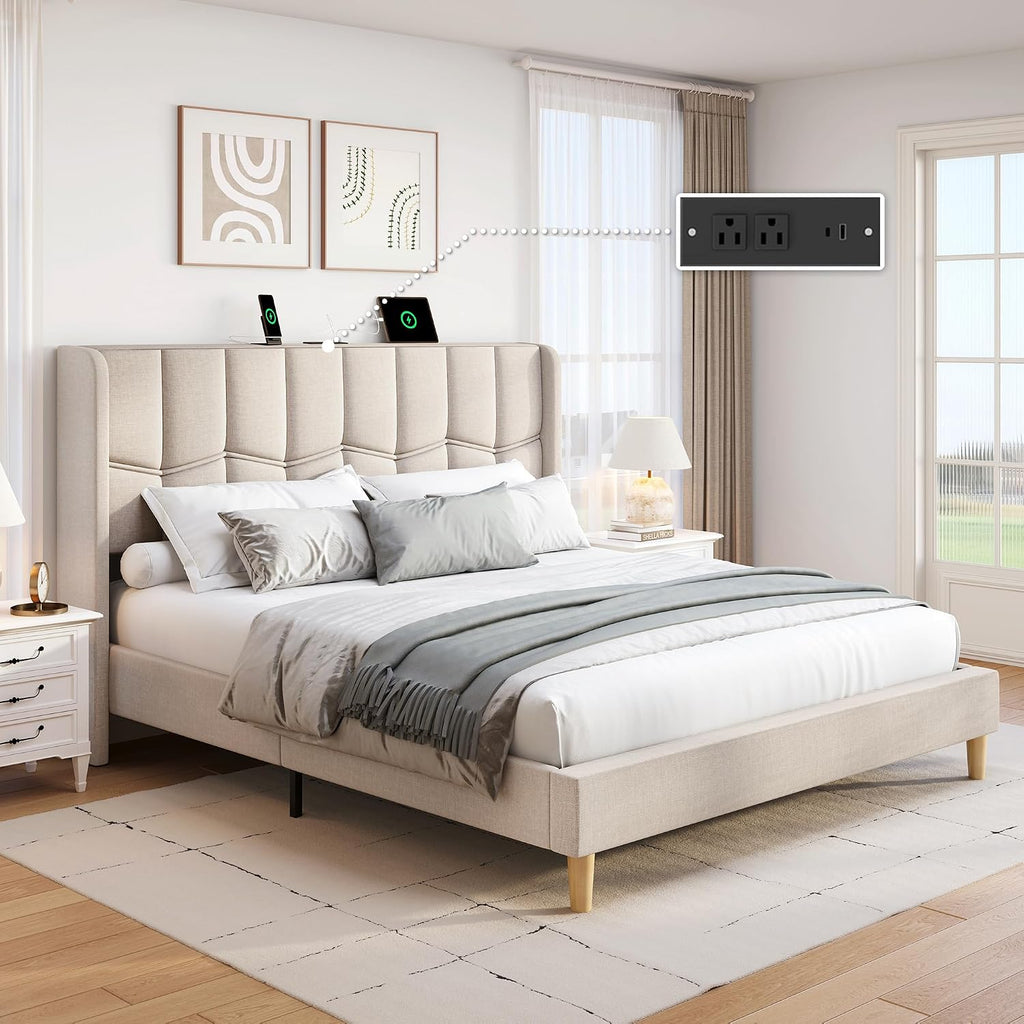 Charging Upholstered Queen Platform Bed Frame