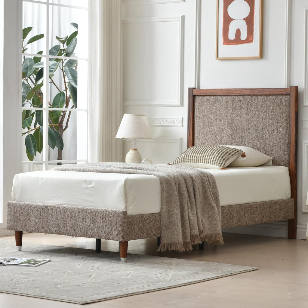 Wood‑Trim Upholstered Twin Bed Frame