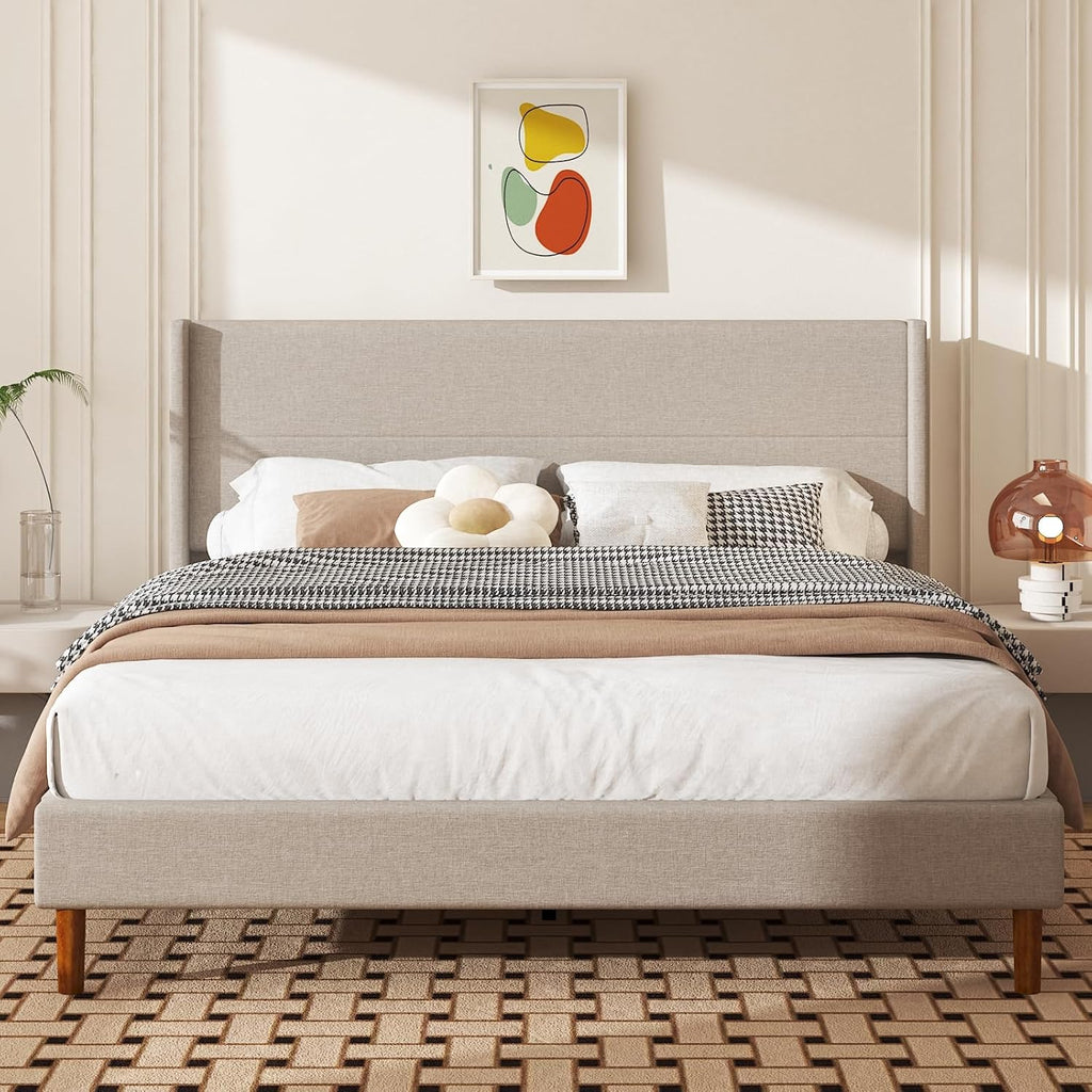 Wingback Linen Upholstered King Bed Frame
