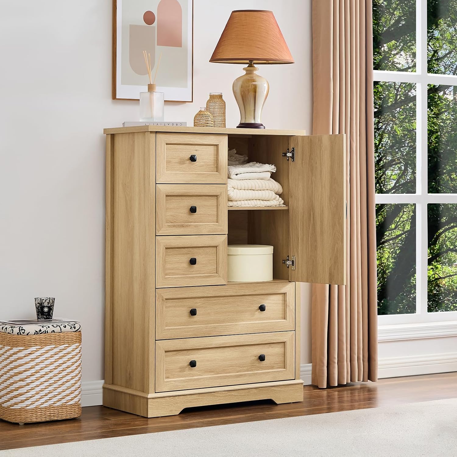 Farmhouse Oak Tall Bedroom Dresser Cabinet