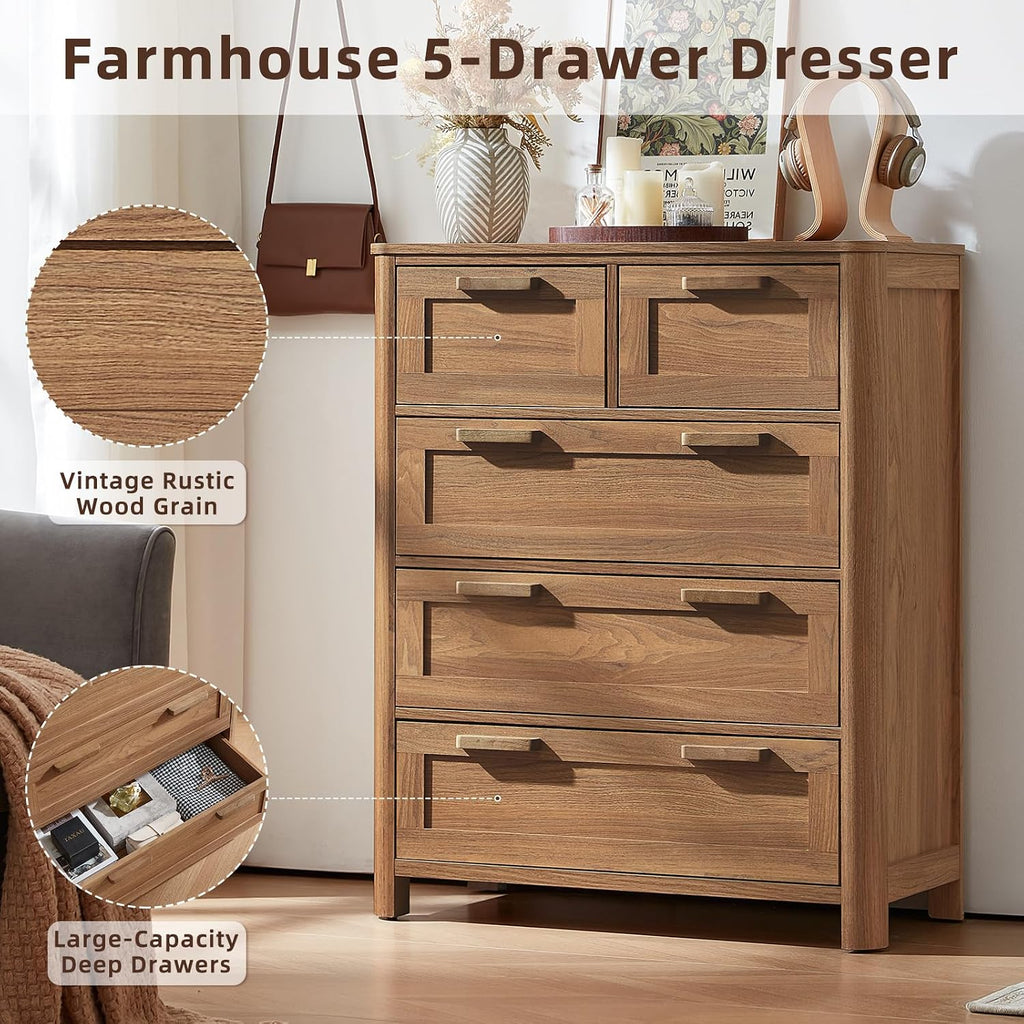 Farmhouse 5‑Drawer Brown Bedroom Dresser