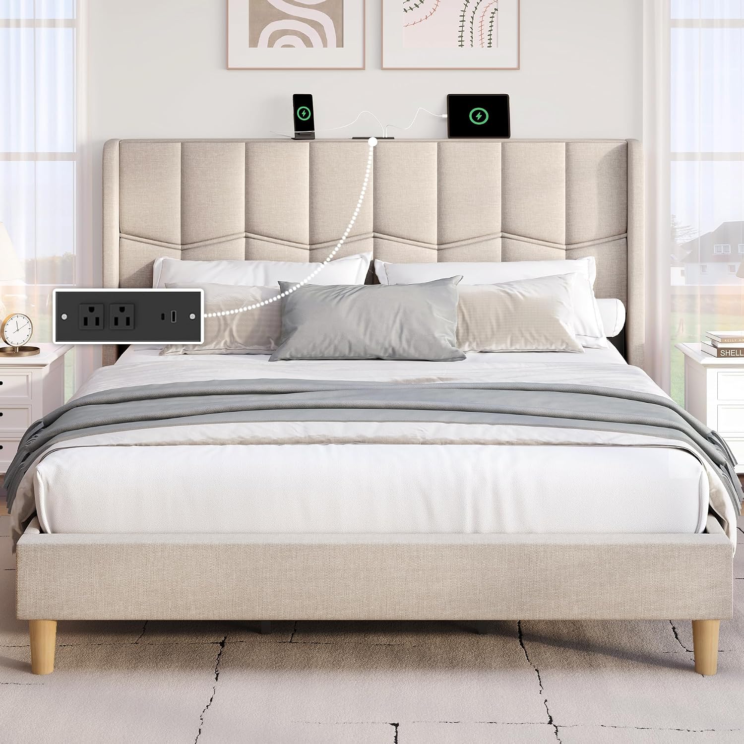 Charging Upholstered Queen Platform Bed Frame