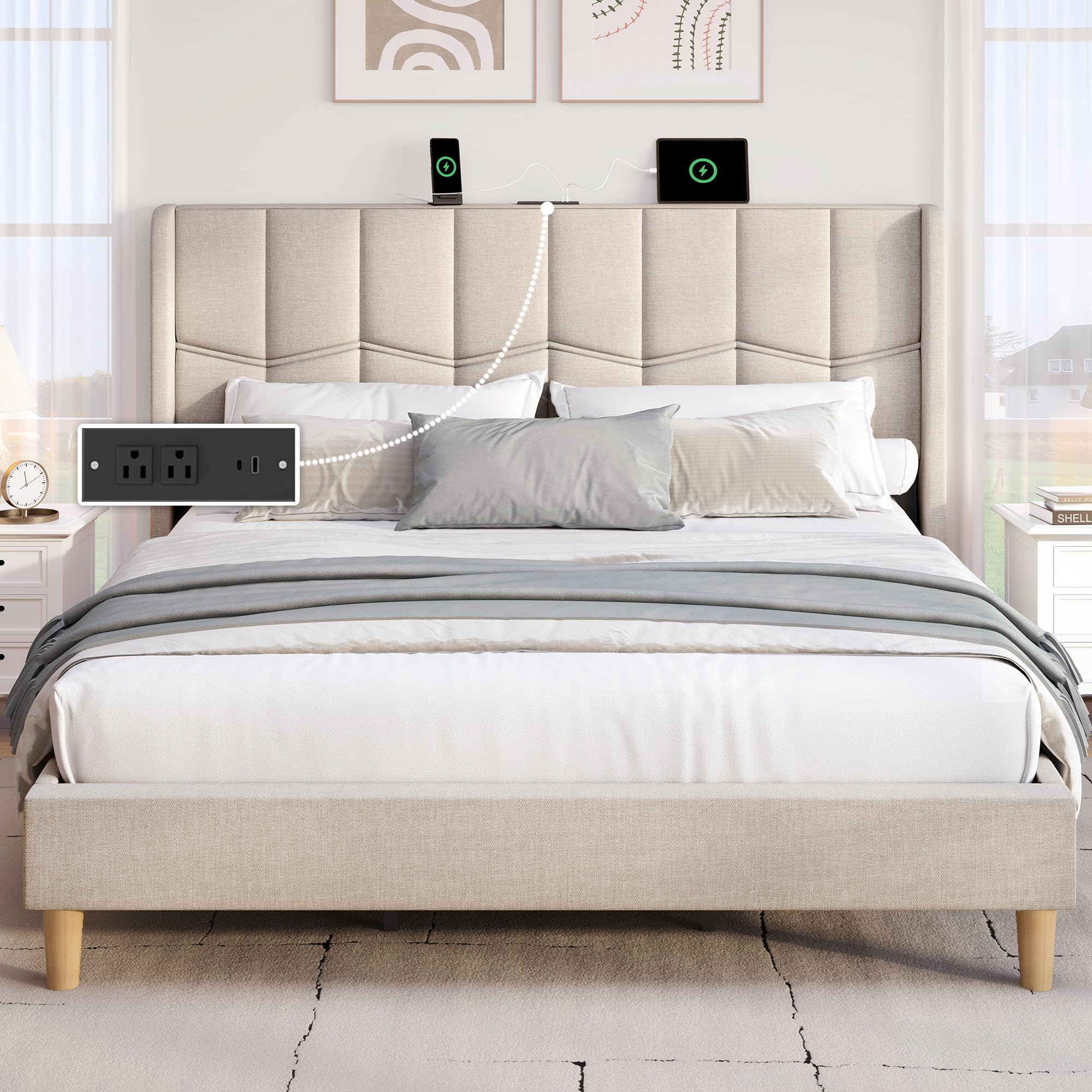 Charging Upholstered Queen Platform Bed Frame