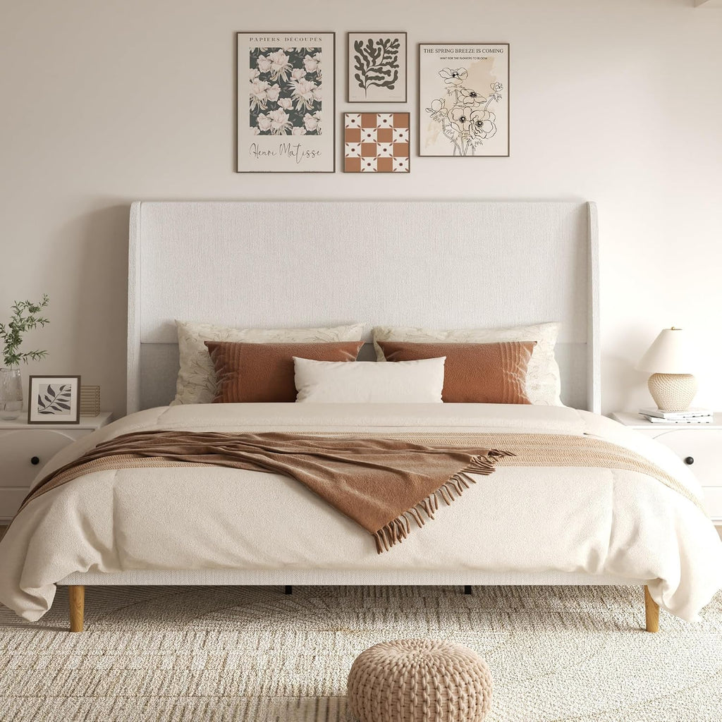 Wingback Linen Upholstered King Platform Bed