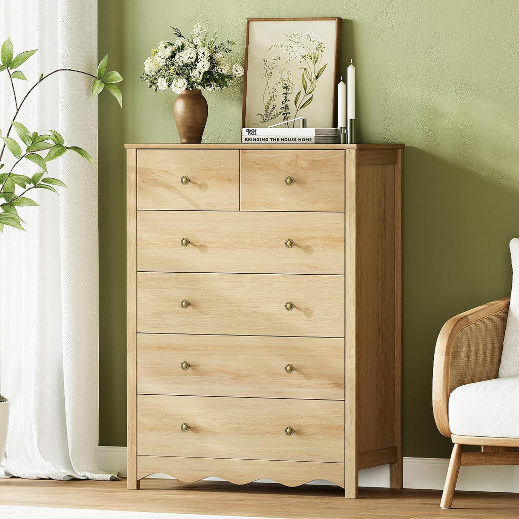 Tall 6‑Drawer Natural Bedroom Dresser Cabinet