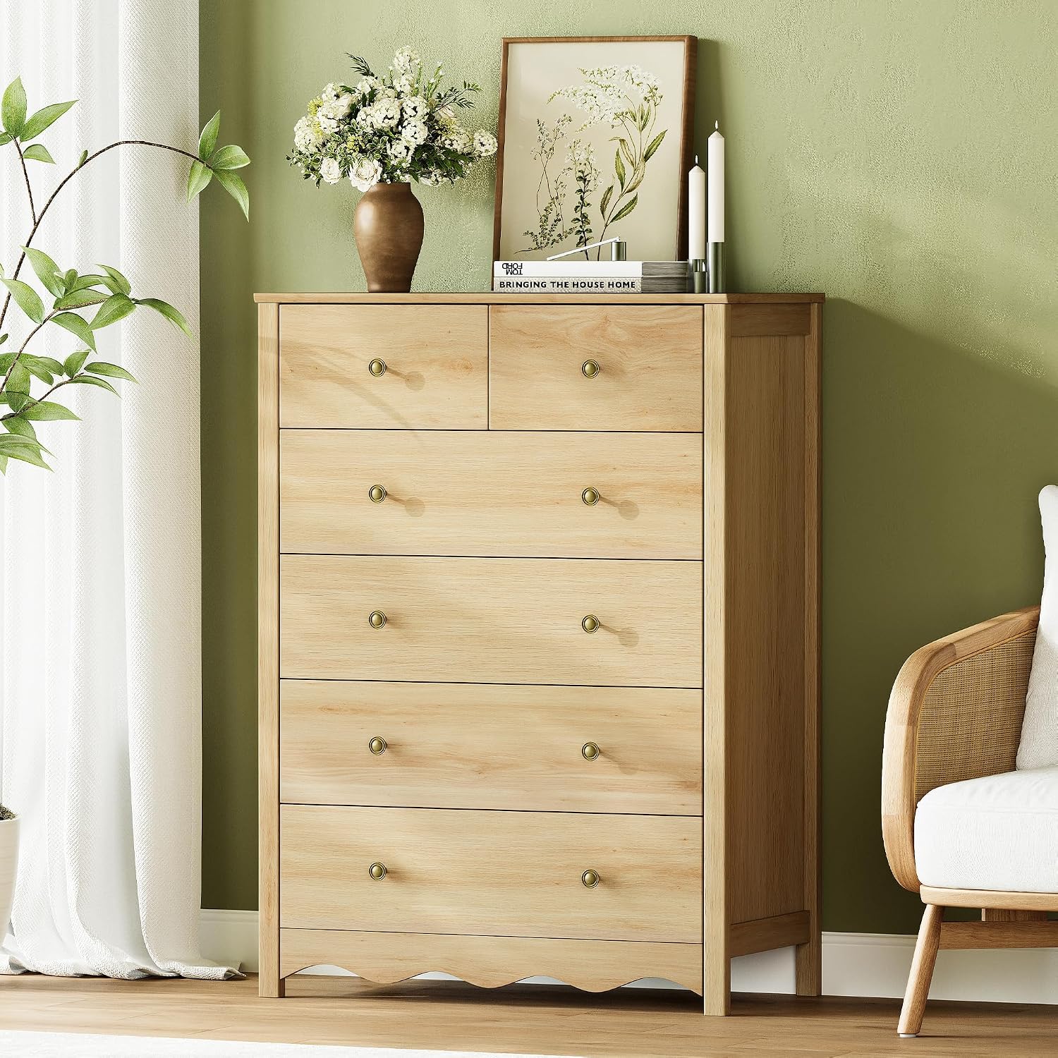 Tall 6‑Drawer Natural Bedroom Dresser Cabinet