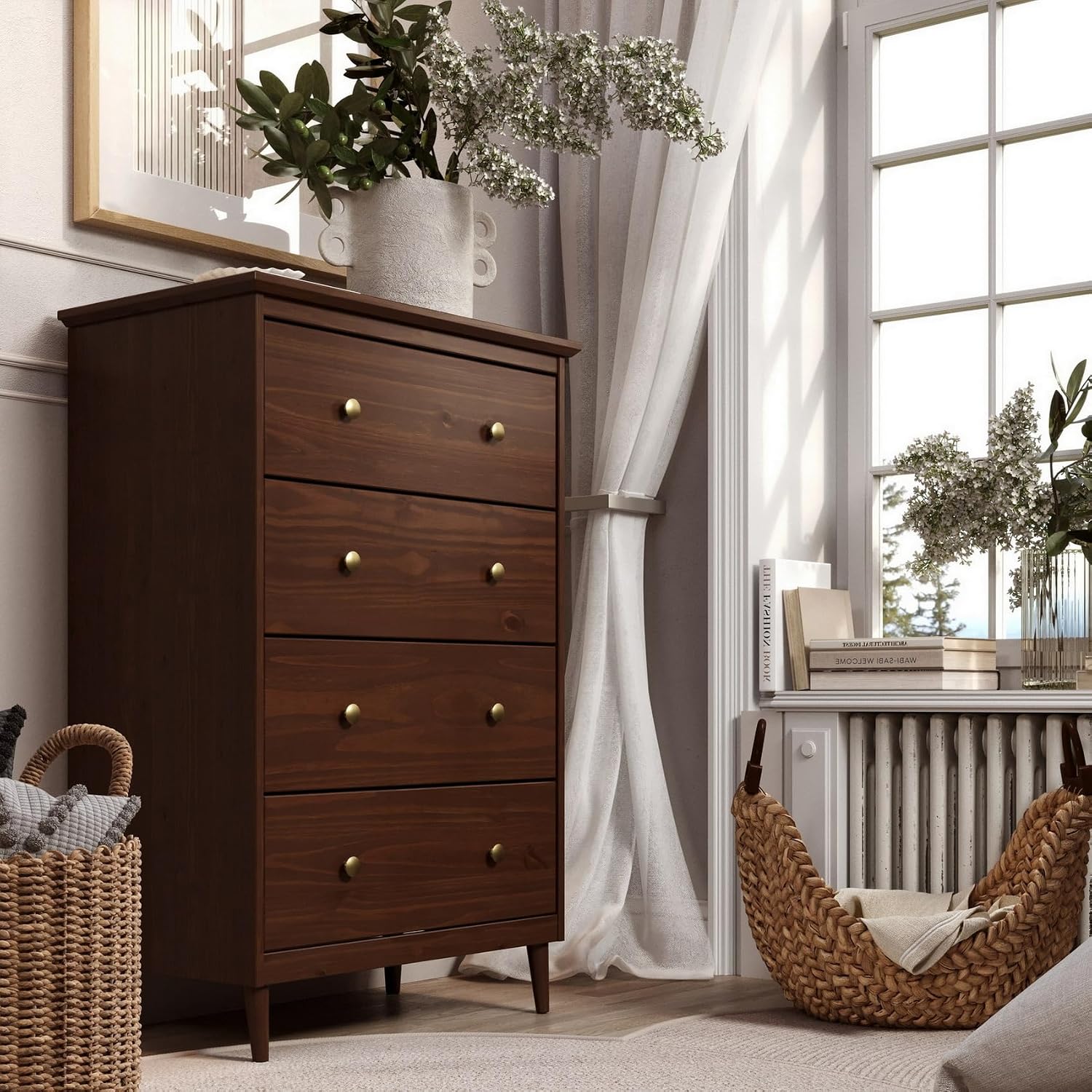 Pine 4‑Drawer Walnut Bedroom Dresser Cabinet