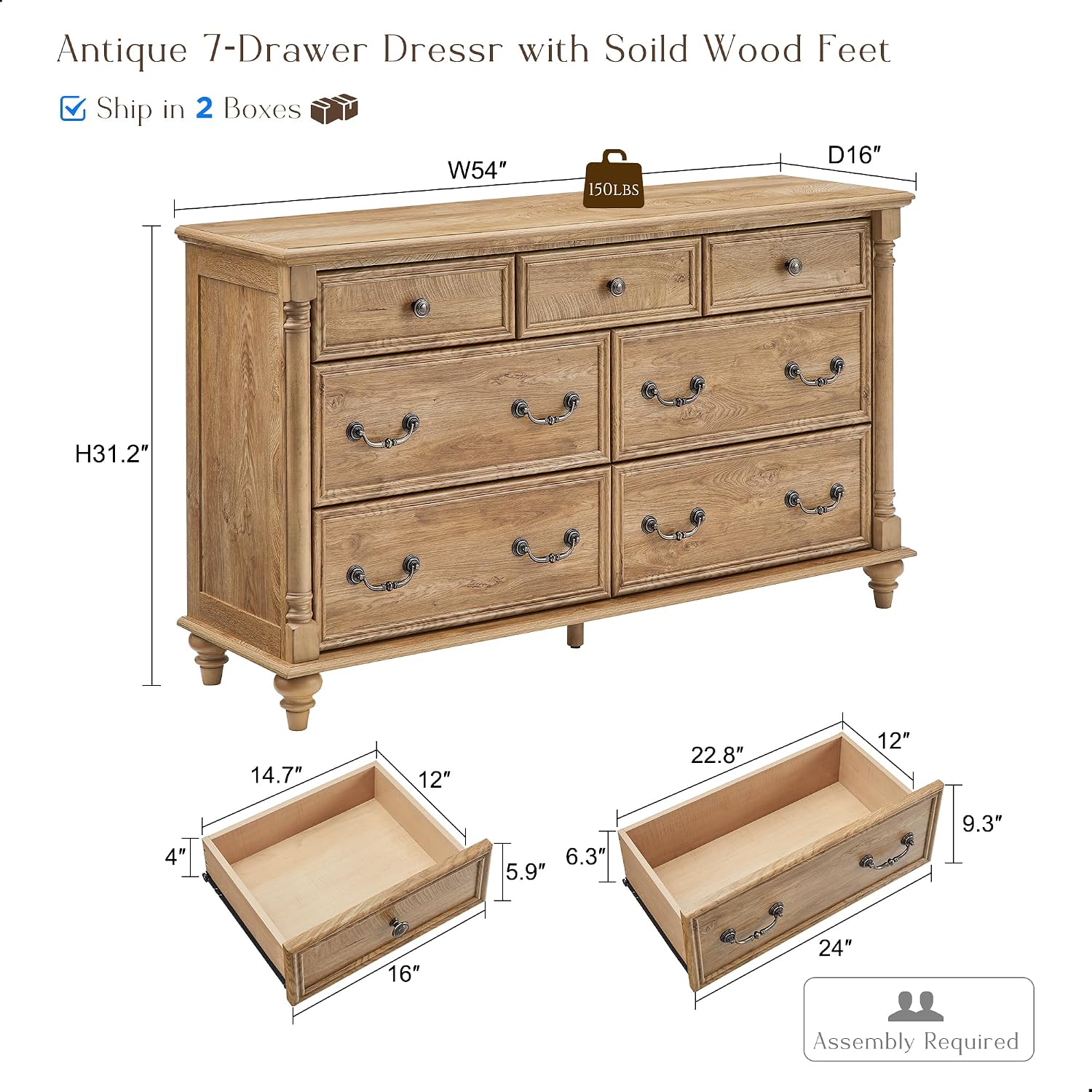 Farmhouse 7‑Drawer Wooden Bedroom Dresser