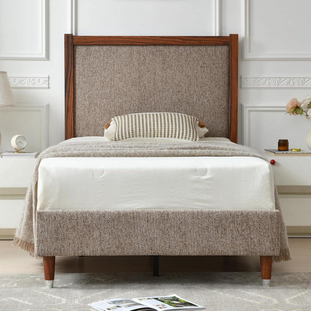 Wood‑Trim Upholstered Twin Bed Frame