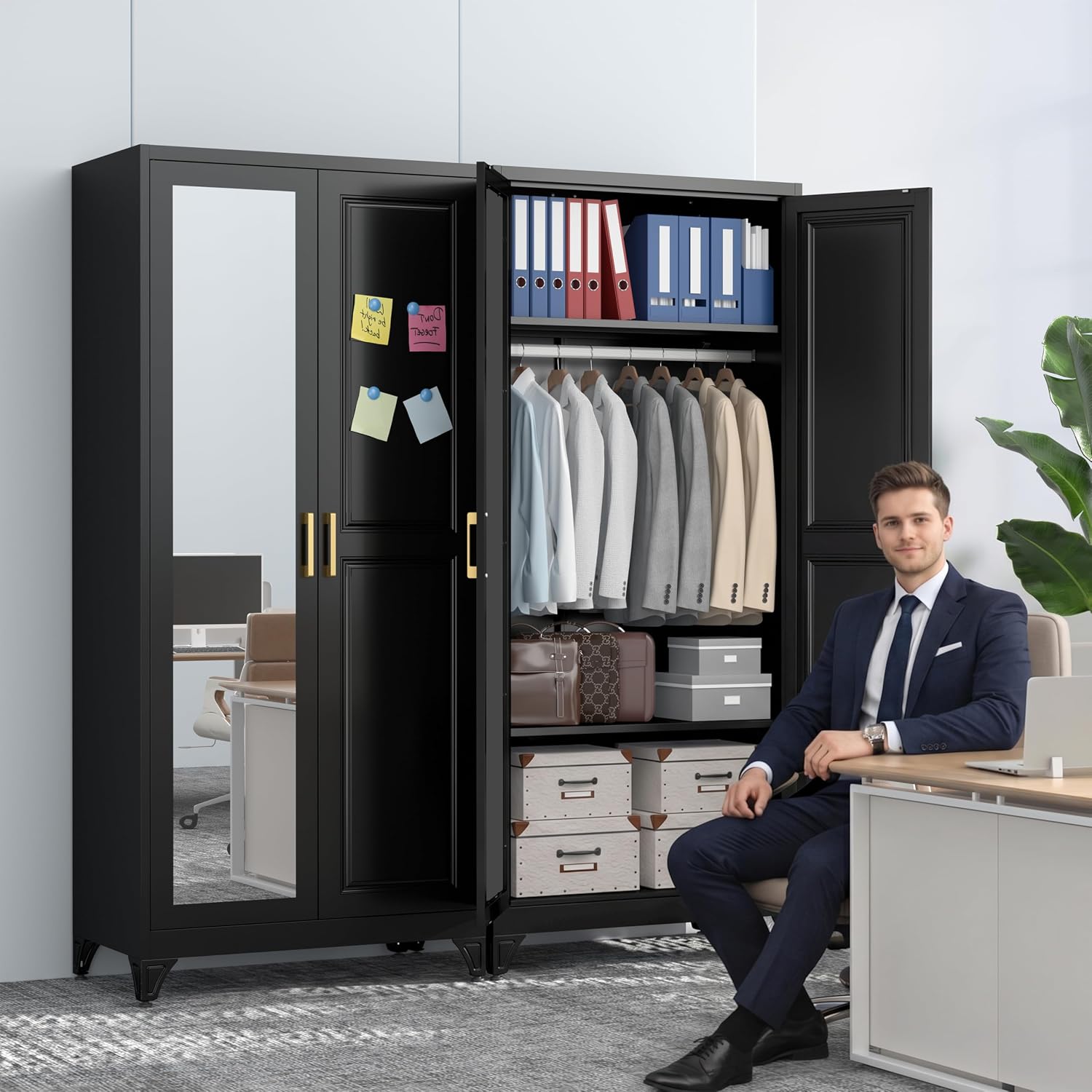 Mirrored Tall Metal Clothing Storage Armoire