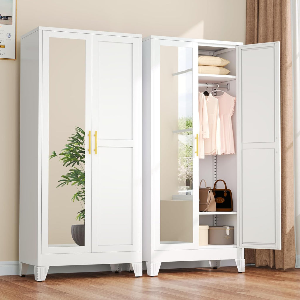 Mirrored Metal Clothing‑Storage Wardrobe Armoire