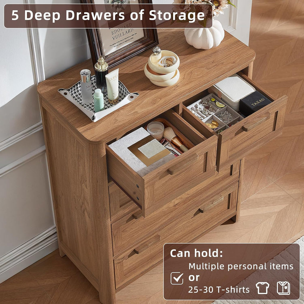 Farmhouse 5‑Drawer Brown Bedroom Dresser
