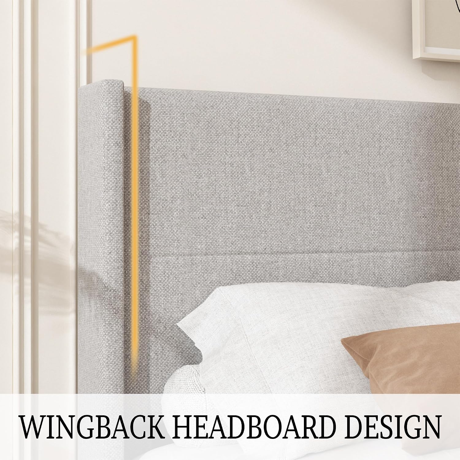 Wingback Linen Upholstered Queen Bed Frame