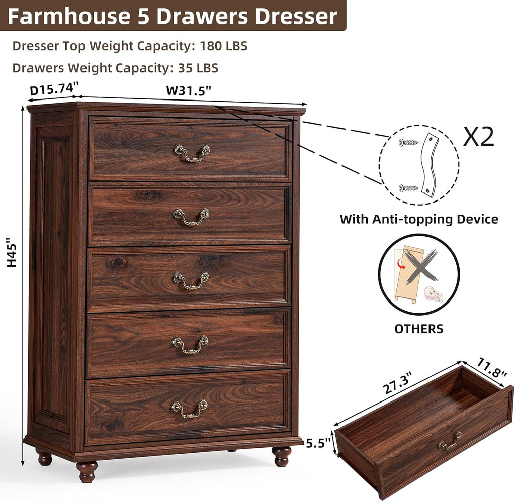 Rustic 5‑Drawer Farmhouse Bedroom Dresser