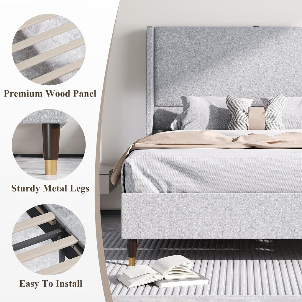 USB‑Charging Linen Full Platform Bed Frame