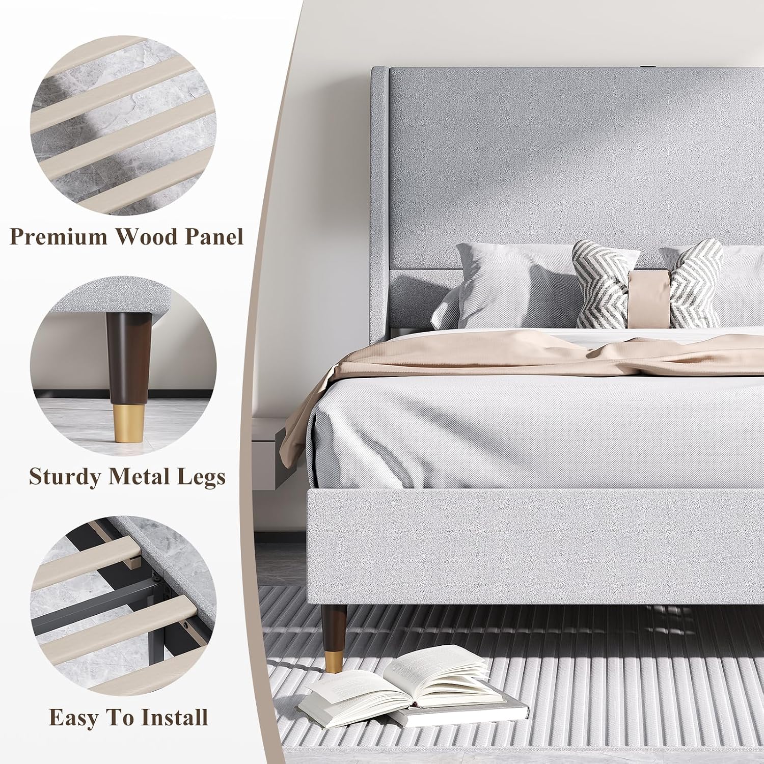 USB‑Charging Linen Full Platform Bed Frame