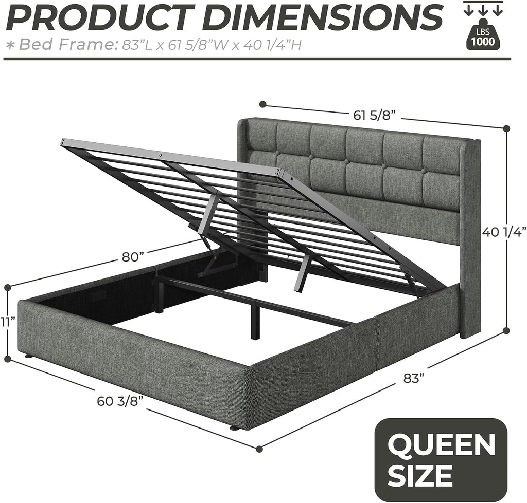 Wingback Linen Queen Lift‑Storage Bed Frame