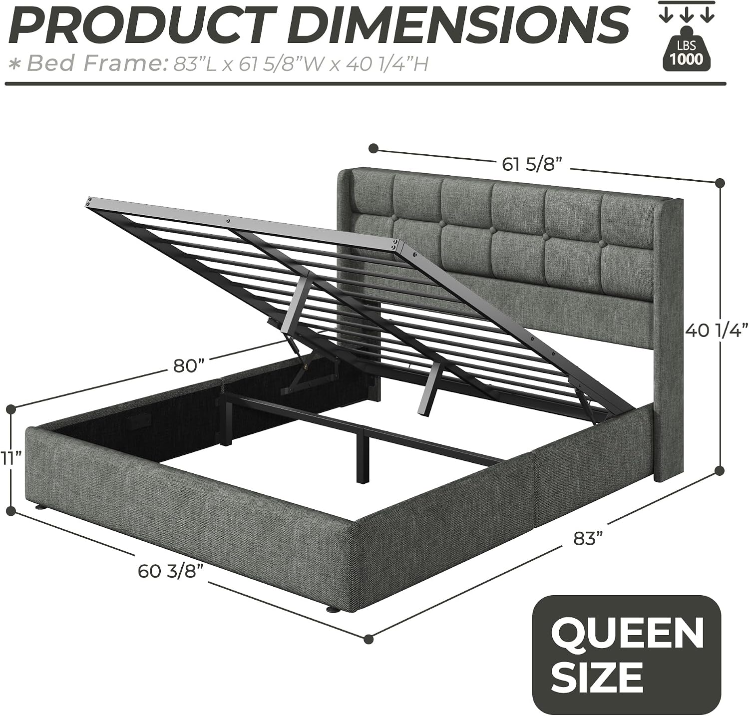 Wingback Linen Queen Lift‑Storage Bed Frame