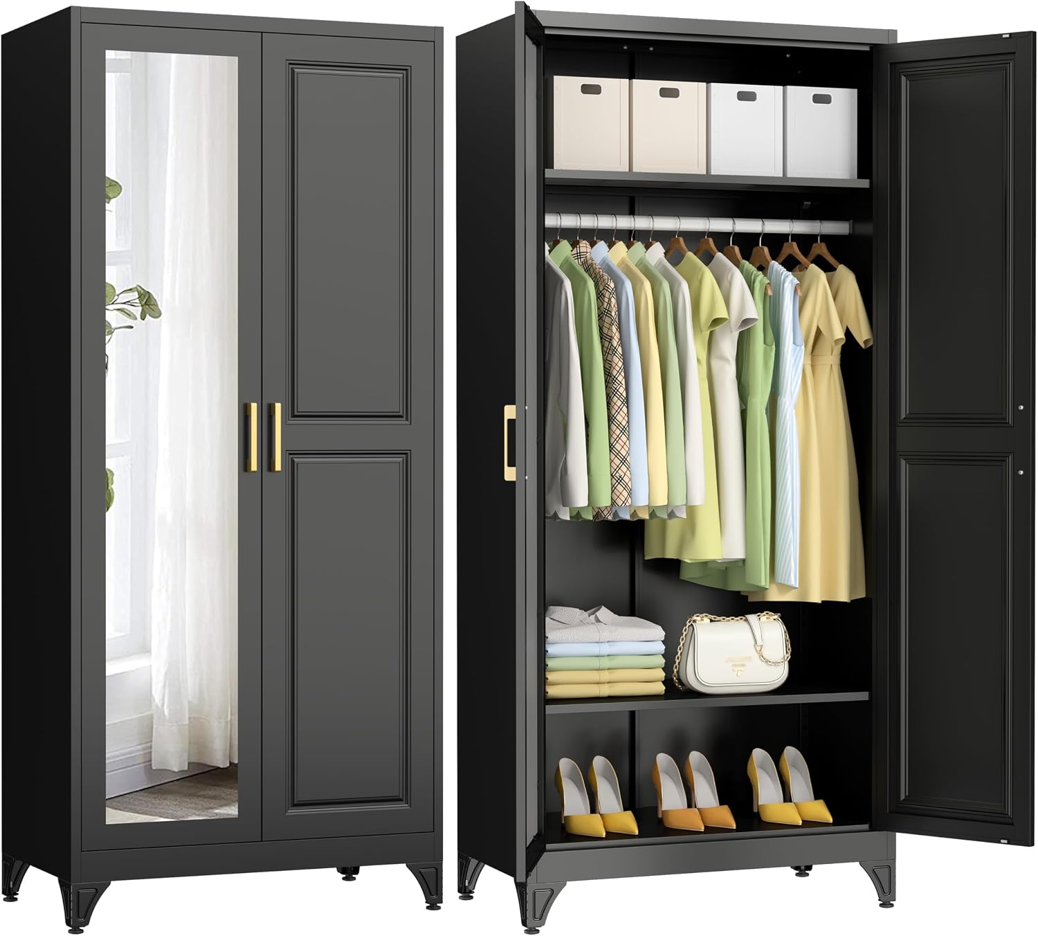 Mirrored Tall Metal Clothing Storage Armoire