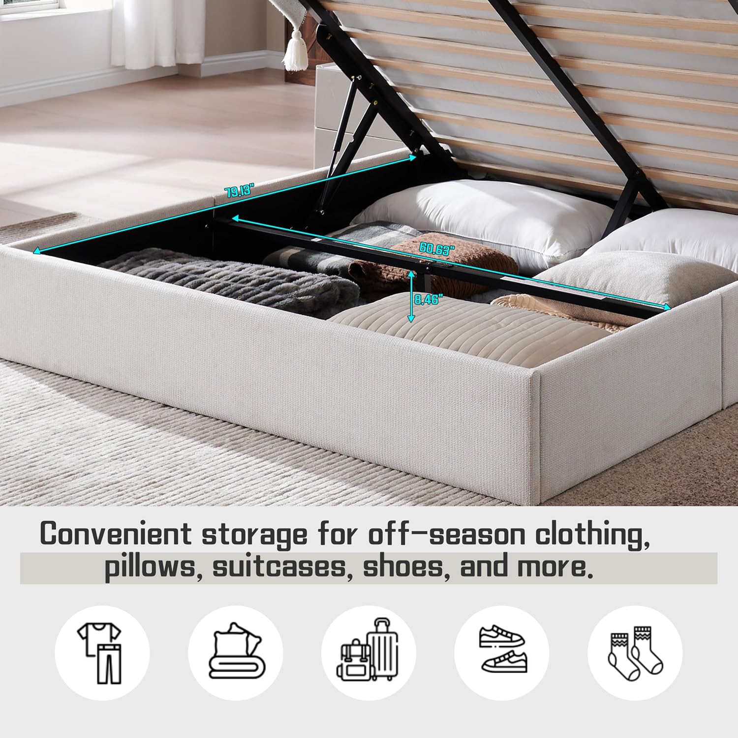 Linen Upholstered Queen Lift‑Storage Bed