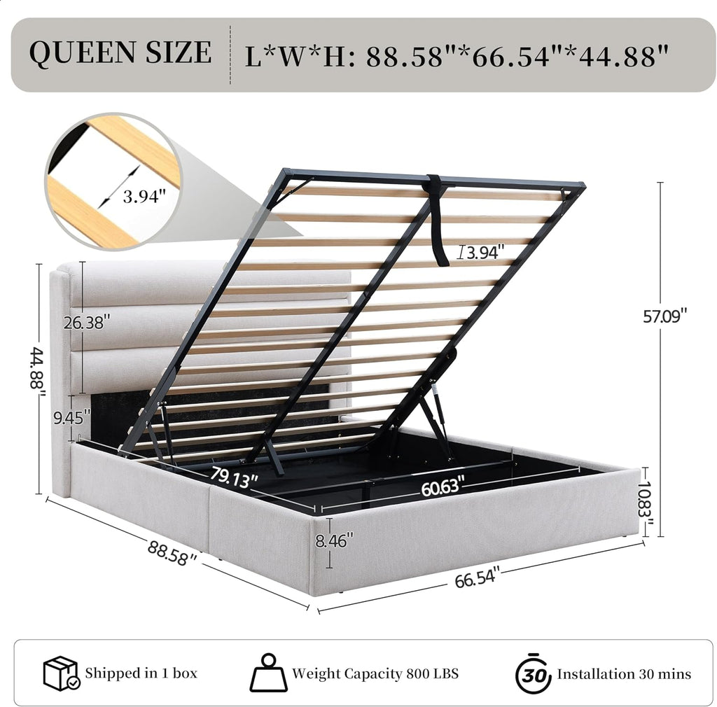 Linen Upholstered Queen Lift‑Storage Bed