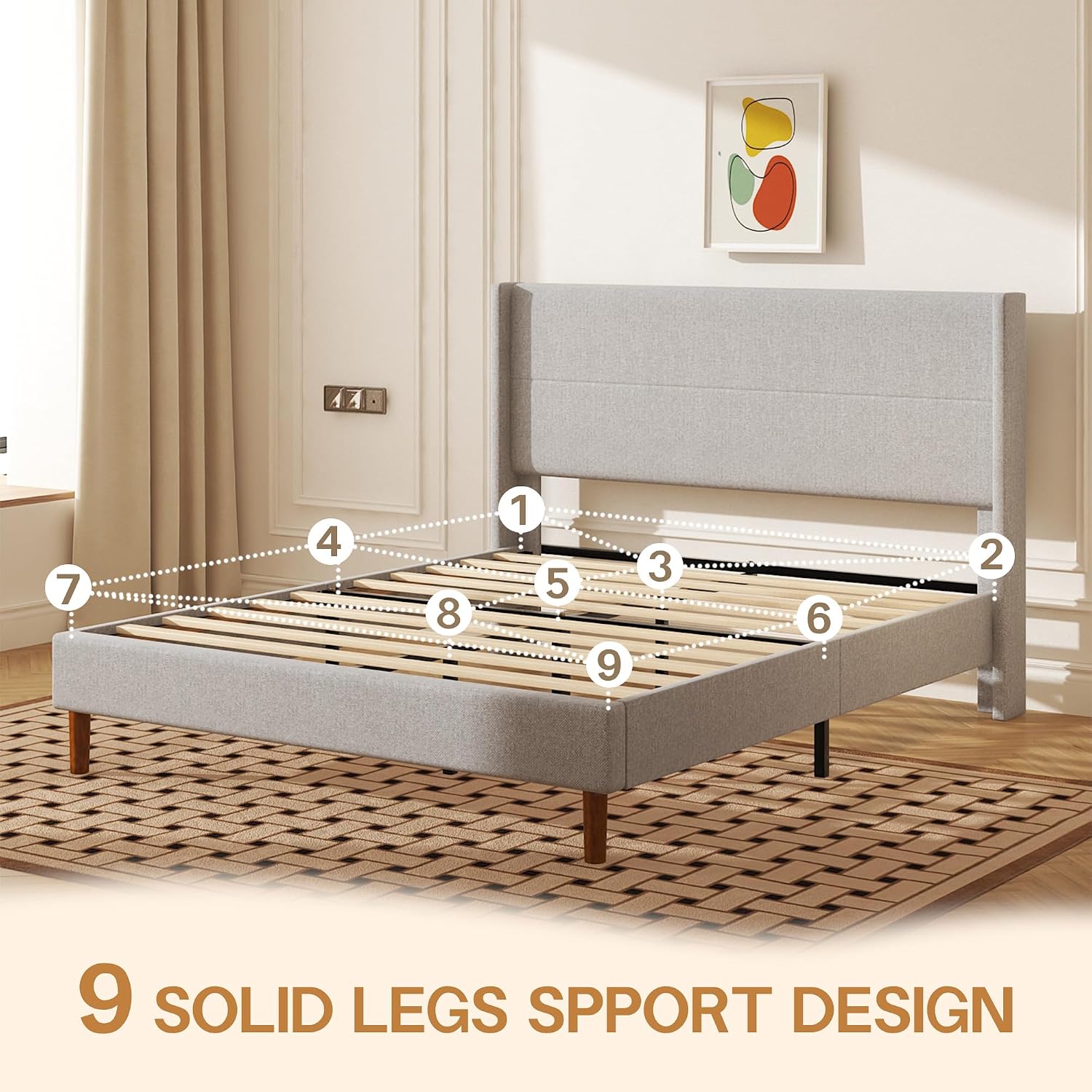 Wingback Linen Upholstered Queen Bed Frame