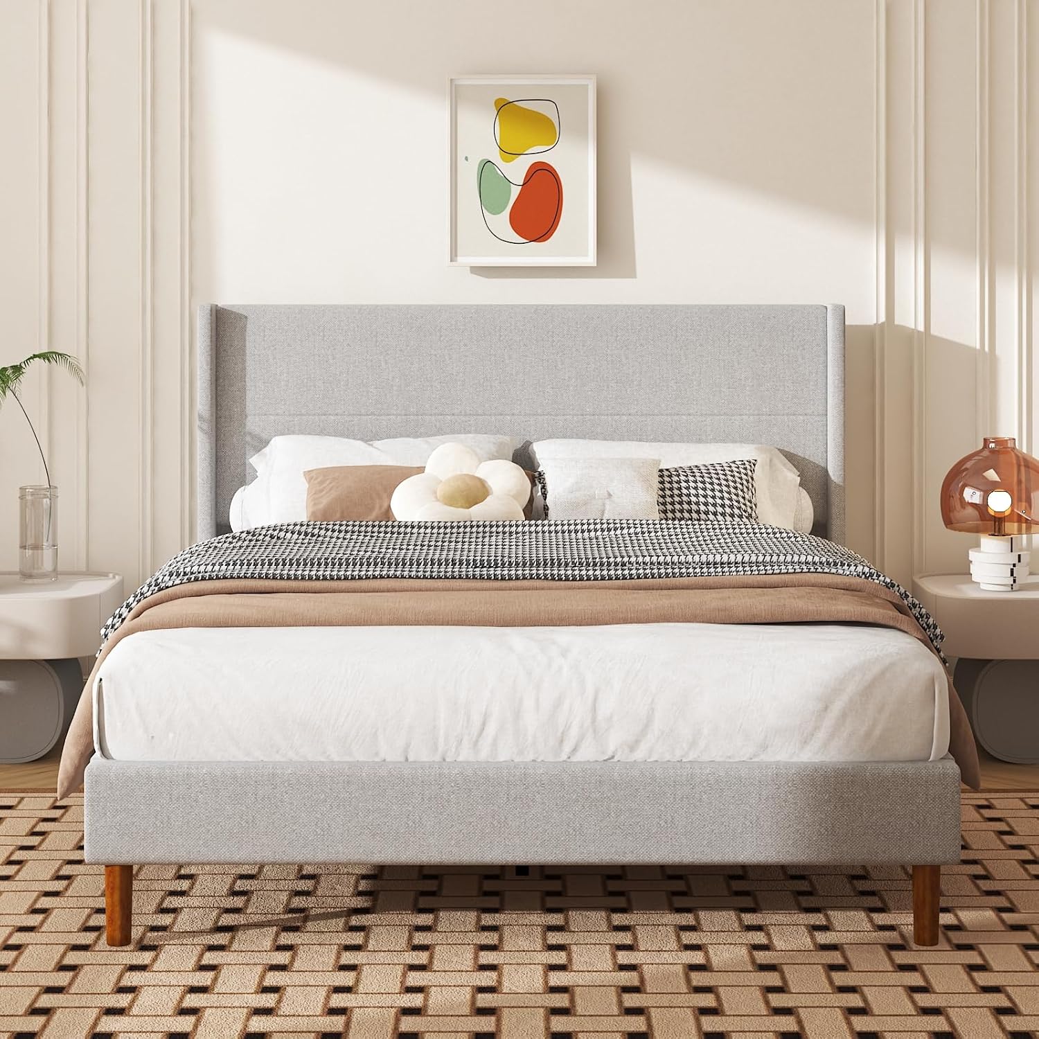 Wingback Linen Upholstered Queen Bed Frame