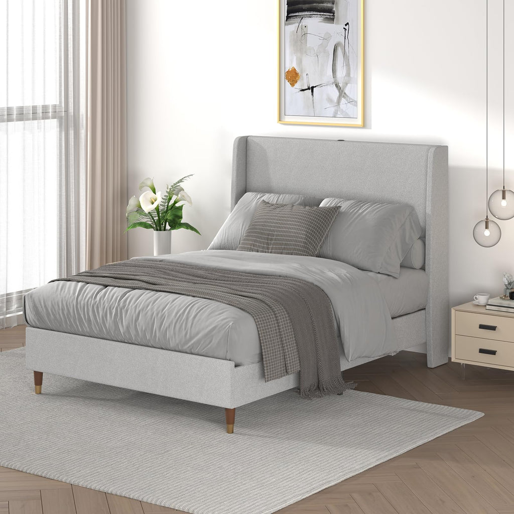 USB‑Charging Linen Full Platform Bed Frame