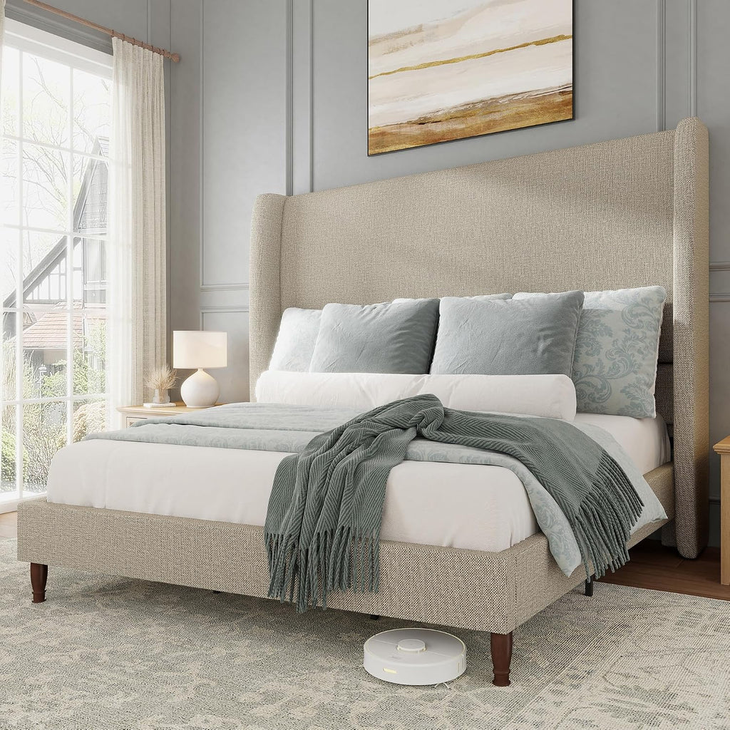 Wingback Linen Upholstered Queen Bed Frame