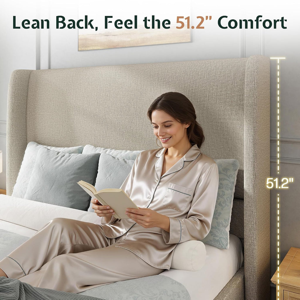 Wingback Linen Upholstered Queen Bed Frame