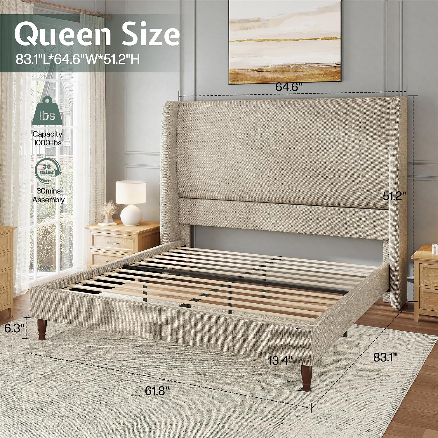 Wingback Linen Upholstered Queen Bed Frame