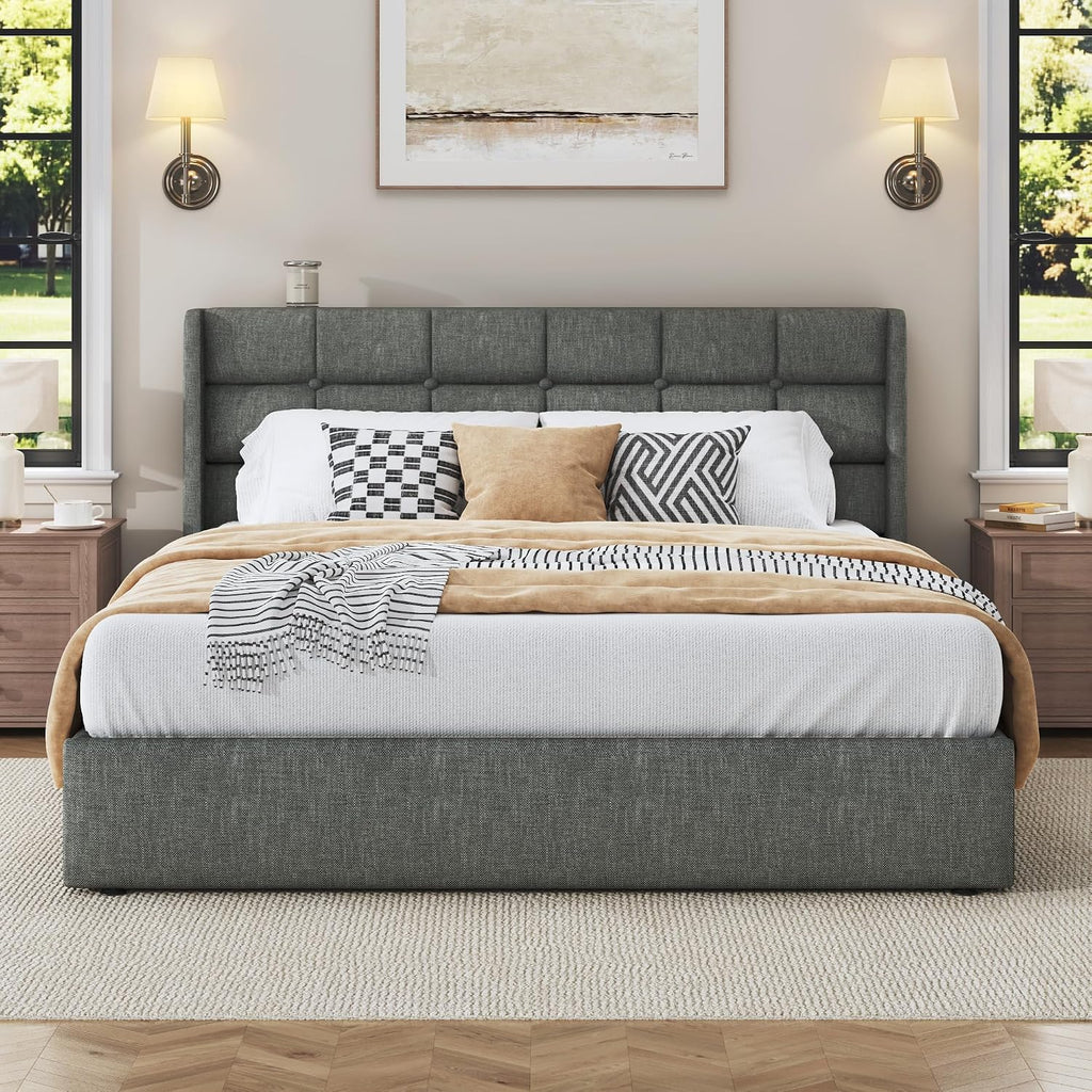 Wingback Linen Queen Lift‑Storage Bed Frame