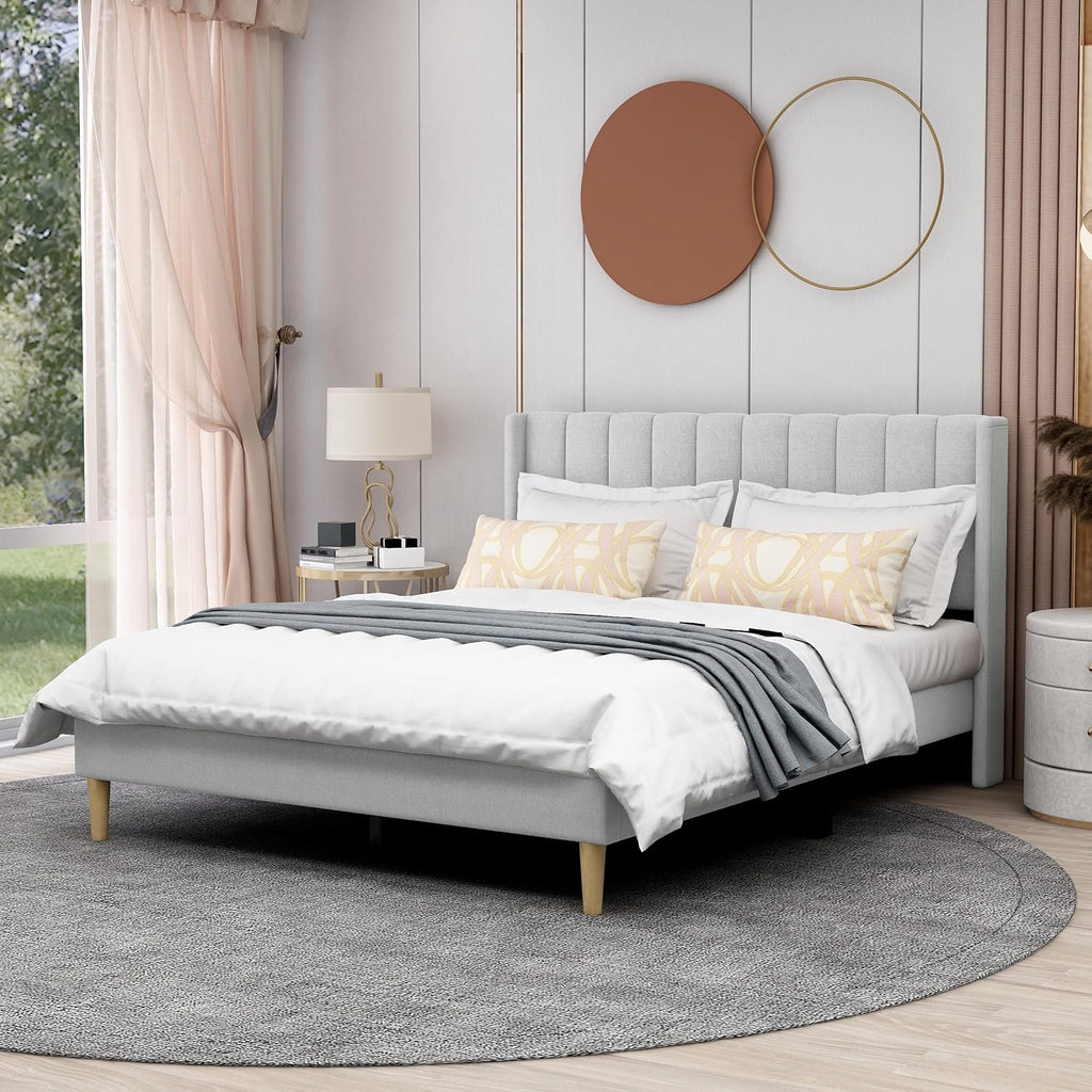 Linen Upholstered Queen Platform Bed Frame