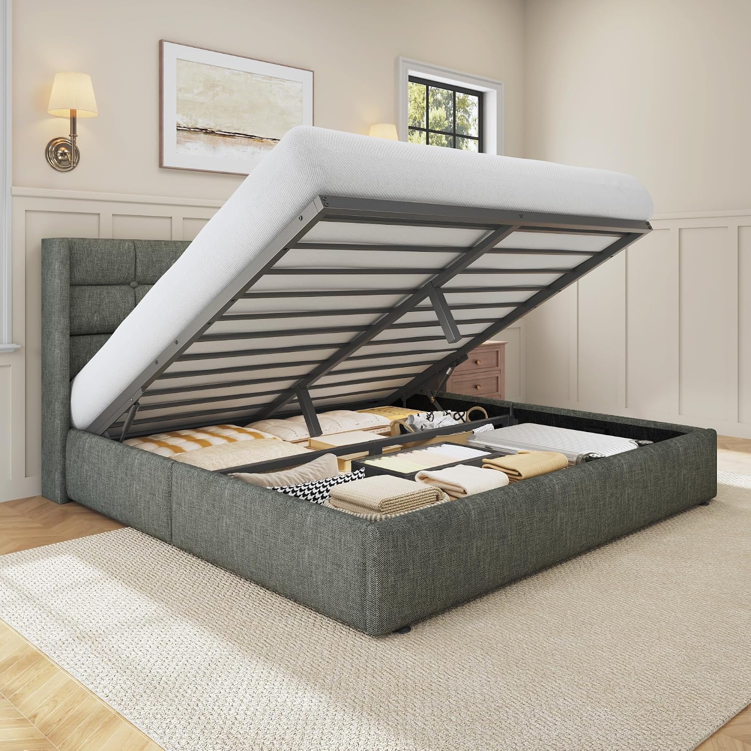 Wingback Linen Queen Lift‑Storage Bed Frame
