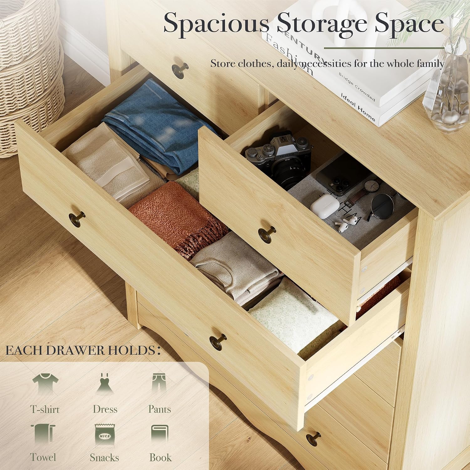 Tall 6‑Drawer Natural Bedroom Dresser Cabinet